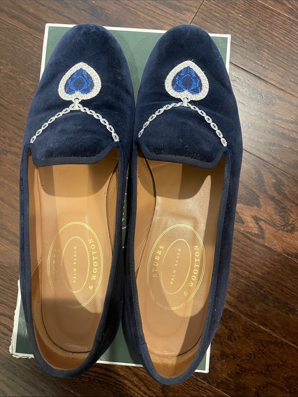 Stubbs & Wootton Navy Velvet Embroidered Chain Loafers